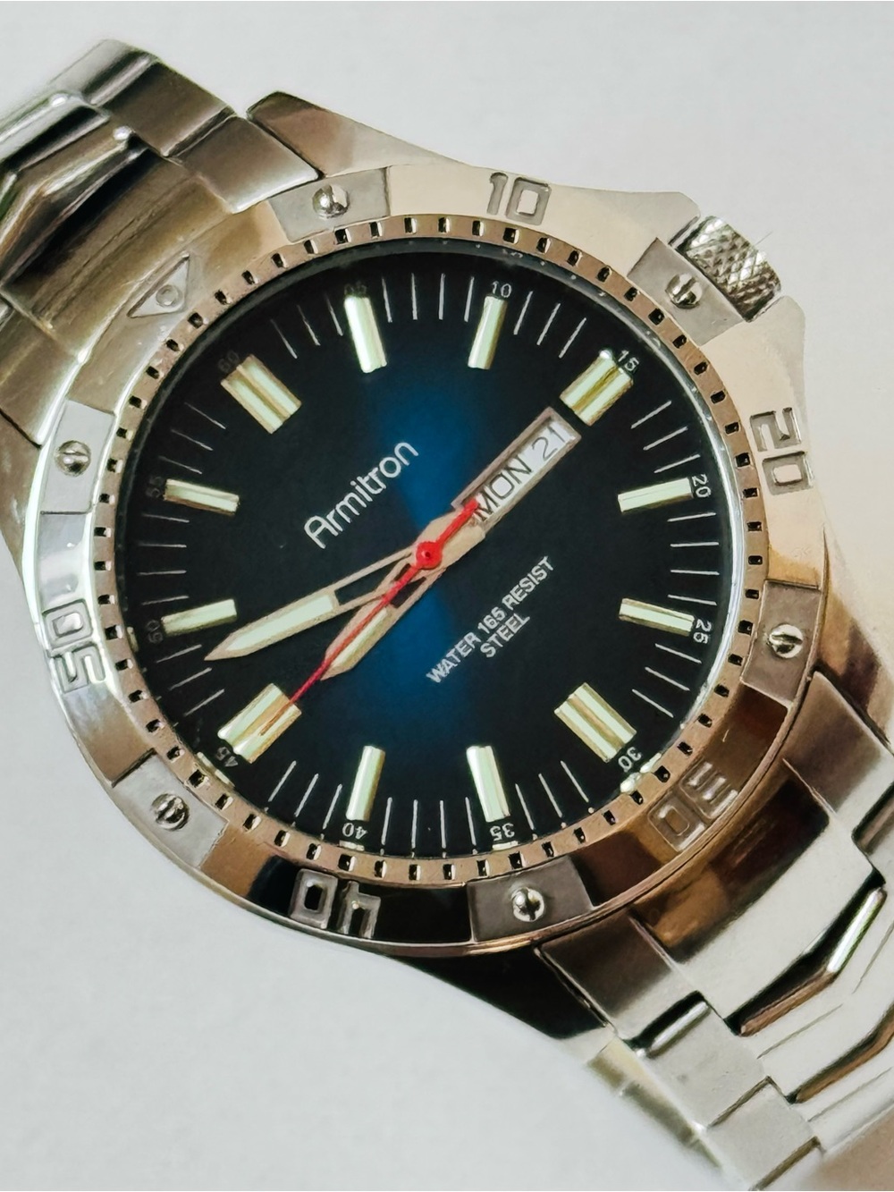 Armitron 44mm Day/Date Men's Watch Blue Dial Silver Stainless Bracelet 20/5056SV
